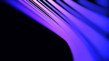 Soyut kıvrımlı neon çizgileri siyah arka planda dönen leylak rengi, pürüzsüz döngü. Animasyon. Mor neon ışıklandırılmış arka plan hacmi dar dönen çizgilerle.
