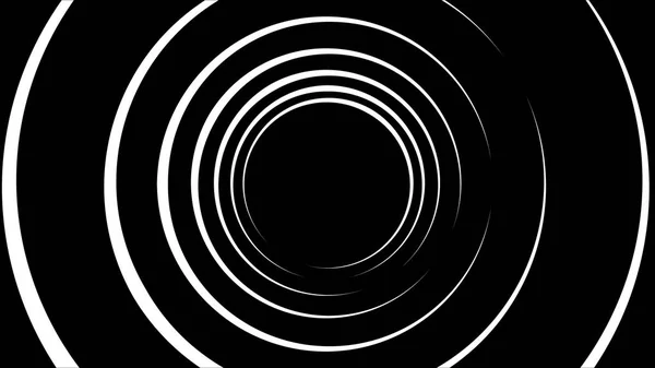 Black and white infinite tunnel of circles moving slowly on black background. Animation. Flying through monochrome tunnel of rings, seamless loop. — Stock Photo, Image