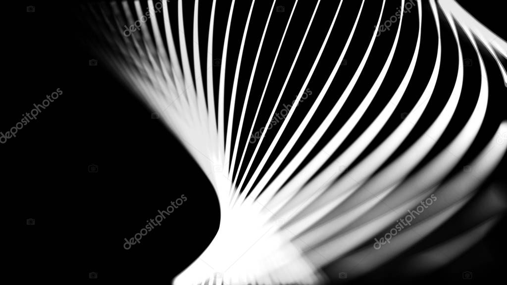 Abstract white curved lines in slow rotation on black background, seamless loop. Animation. Beautiful bending neon stripes spinning with 3D effect, monochrome.