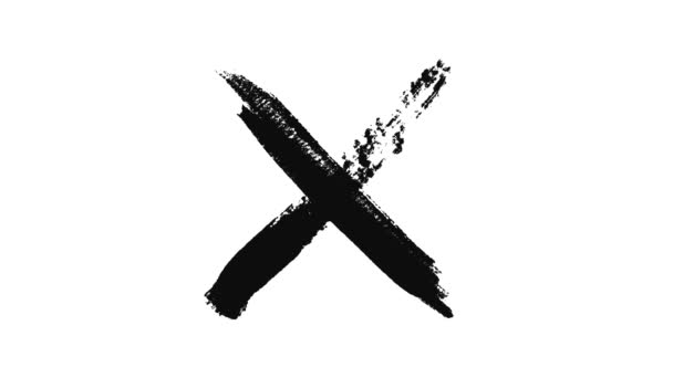 Abstract black cross painted by wide brush strokes on white background, monochrome. Animation. Black X letter, crossed lines, denial concept. — Stock Video