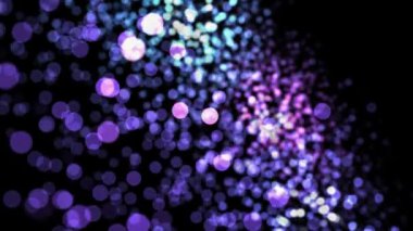 Renkli bokeh dokusu, ince küçük noktalar, hafif alevlerle, pürüzsüz halkayla, yan yana uçuyor. Animasyon. Siyah arkaplanda yavaşça akan soyut mor çemberler.