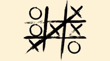 Soyut çizilmiş tic-tac-toe oyunu, bej arka planda kaybolma. Animasyon. Stratejik tic-tac-toe galibiyeti geniş siyah fırça darbeleriyle boyanmış..