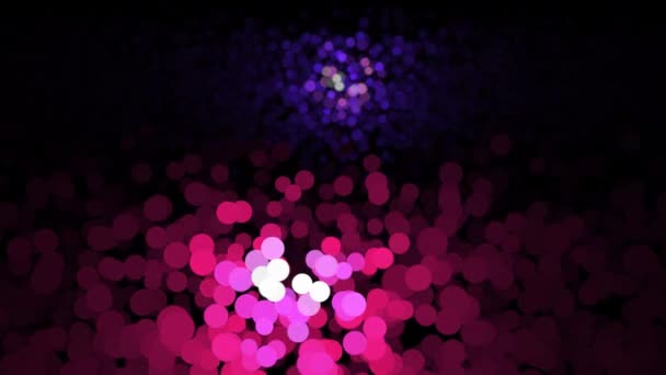Beaux petits cercles sans fin de couleur rose et violette éclairés par une torche torche, boucle transparente. Animation. Particules rondes volantes colorées se déplaçant chaotiquement sur fond noir .