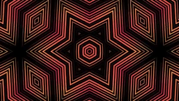 Red stars, geometric abstract kaleidoscope on black background, seamless loop. Animation. Breathtaking transforming figures in endless motion. — Stock Video