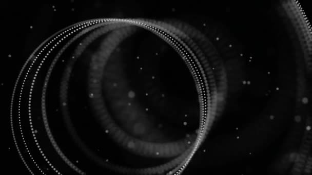 Signal abstrait ou ondes radar au ralenti avec effet 3D, boucle transparente. Animation. Anneaux de diamètre différent formés par de petites particules coulant sur fond noir, monochromes . — Video