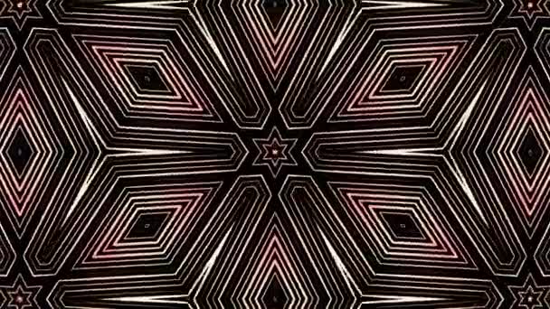 Bewegliches geometrisches Kaleidoskopmuster auf schwarzem Hintergrund, nahtlose Schleife. Animation. abstrakte Bewegung verschiedener transformierender roter und beiger Figuren. — Stockvideo