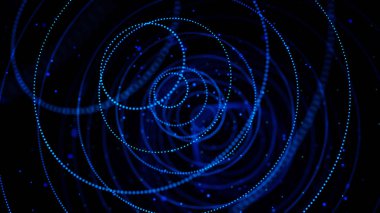 Mavi dairelerden oluşan bir tünel oluşturan soyut parlayan nokta. Animasyon. Siyah arka plan üzerinde tek tek hareket eden küçük parçacıkların 3d daireleri, kesintisiz döngü.