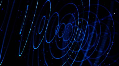 Mavi dairelerden oluşan bir tünel oluşturan soyut parlayan nokta. Animasyon. Siyah arka plan üzerinde tek tek hareket eden küçük parçacıkların 3d daireleri, kesintisiz döngü.