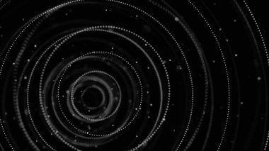 3d etkisi ile yavaş çekimde soyut sinyal veya radar dalgaları, kesintisiz döngü. Animasyon. Siyah arka plan üzerinde akan küçük parçacıklar tarafından oluşturulan farklı çaptaki halkalar, tek renkli.