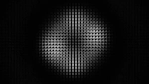 Abstract panel with many rows of LED bulbs performing white dance from the center of the screen to its edges. Animation. Neon monochrome spotlight, illuminating small circles, seamless loop.