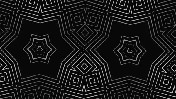 Monokromt kaleidoskopiskt mönster med roterande stjärnor, kvadrater och rhombuses, sömlös slinga. Animation. Omvandla och ändra vita geometriska figurer på svart bakgrund. — Stockfoto