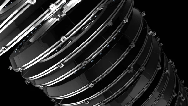 Abstract futuristic space ship with its rotating parts made of metal on black background, seamless loop. Animation. Silver mechanism with spinning round details. — ストック写真