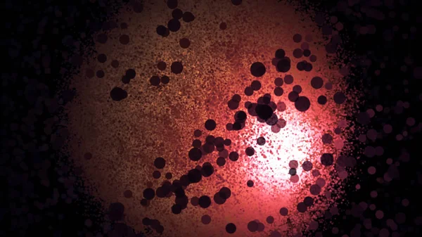 Abstract glowing sphere of small shining particles surrounded by randomly moving circles on black background. Animation. Many abstract small orange particles in sphere shape in space.