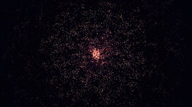 Bokeh patten, siyah arka planda yüzen kırmızı küçük parıltılar. Animasyon. Soyut parçacıklar, küçük noktalar bir halka oluşturuyor, merkezden kenarlara hareket ediyor..