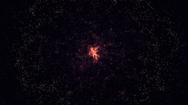 Bokeh patten, siyah arka planda yüzen kırmızı küçük parıltılar. Animasyon. Soyut parçacıklar, küçük noktalar bir halka oluşturuyor, merkezden kenarlara hareket ediyor..