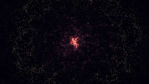 Bokeh patten, red small sparkles floating on black background. Animation. Abstract particles, small dots forming a ring, moving from the center to the sides.