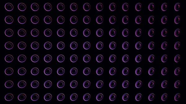 Patrón abstracto con círculos giratorios sobre fondo negro. Animación. Anillos giratorios brillantes de color púrpura en filas simétricas horizontales, lazo sin costuras . —  Fotos de Stock