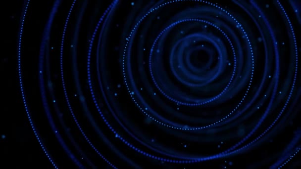 Puntos brillantes abstractos formando un túnel de círculos azules. Animación. Círculos 3D de partículas pequeñas moviéndose una por una sobre fondo negro, lazo sin costuras . — Vídeos de Stock