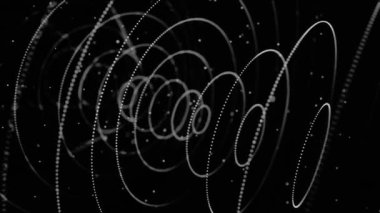3d etkisi ile yavaş çekimde soyut sinyal veya radar dalgaları, kesintisiz döngü. Animasyon. Siyah arka plan üzerinde akan küçük parçacıklar tarafından oluşturulan farklı çaptaki halkalar, tek renkli.
