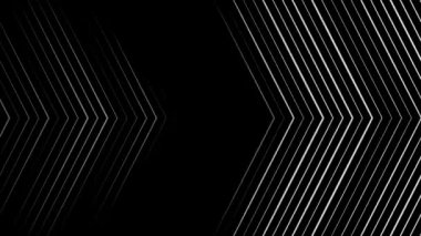 Siyah arka plan üzerinde çapraz dar çizgiler tarafından oluşturulan beyaz hareketli oklar, sorunsuz döngü. Animasyon. Sola ve sağa doğru giden akut açıda çapraz ışınlar, tek renkli.