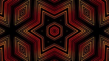 Kırmızı yıldızlar, siyah arka plan üzerine geometrik soyut kaleydoskop, kusursuz döngü. Animasyon. Sonsuz harekette nefes kesici dönüşüm figürleri.