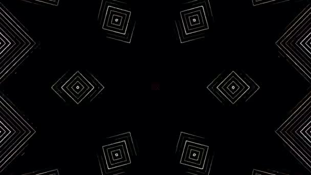 Patrón caleidoscópico monocromo con estrellas giratorias, cuadrados y rombos, lazo sin costuras. Animación. Transformar y cambiar figuras geométricas blancas sobre fondo negro . — Vídeo de stock