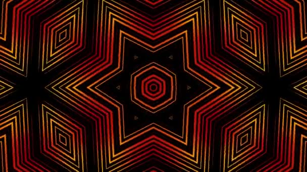 Red stars, geometric abstract kaleidoscope on black background, seamless loop. Animation. Breathtaking transforming figures in endless motion. — Stock Video