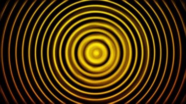 Altın radyo dalgası, radar ya da sonar, hipnotik etki, kusursuz döngü. Animasyon. Siyah arkaplanda dönen parlak sarı halkalar.