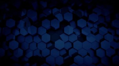 Koyu mavi, hareketli, yuvarlak kenarlı altıgen, dikişsiz döngü. Animasyon. Rastgele titreşen altıgen ızgara, hareket grafik animasyonu.