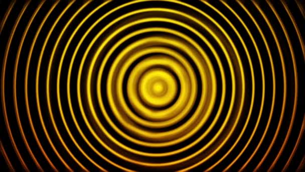 Gouden radiogolf, radar of sonar, hypnotiserend effect, naadloze lus. Animatie. Roterende felgele ringen op zwarte achtergrond. — Stockvideo
