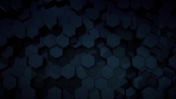 Pohled shora na abstraktní šestiúhelníkové tyče pohybující se chaoticky nahoru a dolů, bezešvé smyčky. Animace. Tmavě modré geometrické postavy naskládané v řádcích. — Stock video