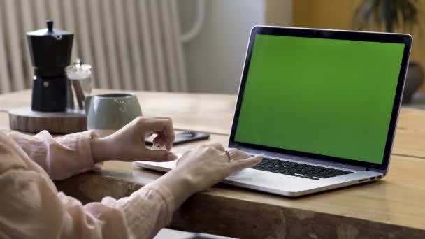 Vista lateral das mãos femininas usando touch pad de um laptop de trabalho com chromakey, lapso de tempo. Imagens de stock. Mulher com bela manicure trabalhando no computador com tela verde . — Vídeo de Stock