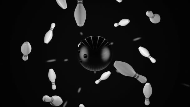 Abstract black ball knocking down pins and they fly into the sides on black background. Animation. 3D white skittles and ball, bowling and active sport games concept, monochrome. — Stock Video