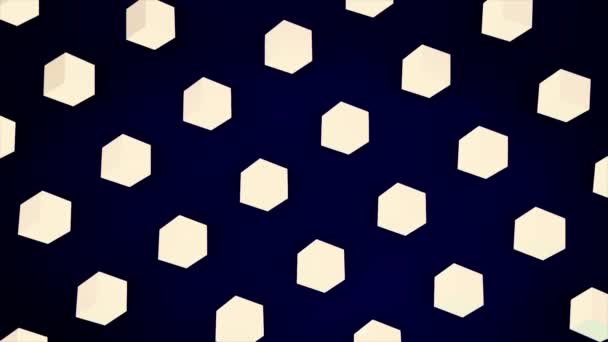 Абстрактні білі кубики, що течуть по діагоналі на темно-синьому фоні, 3D-ефект. Анімація. Білі фігури схожі на цукор, солодкі кришталеві кубики, що рухаються рядами, безшовна петля . — стокове відео
