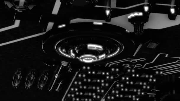 Vue du bas de la micropuce du circuit et de ses éléments, monochrome. Animation. Voler sous les détails du tableau noir et blanc avec mécanisme de déplacement rond . — Video