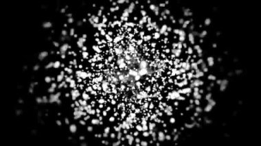 Işık hızının ve yıldızların siyah arkaplandaki hızının olduğu soyut hiperuzay, kusursuz döngü. Animasyon. Parçacıklardan oluşan beyaz bulutların içinden geri uçuyor, tek renkli.
