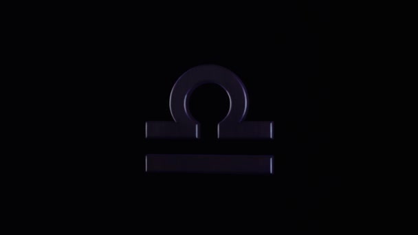 Signe abstrait du zodiaque Balance de couleur lilas foncé se déplaçant sur fond noir, boucle transparente. Animation. Symbole astrologique de l'élément d'air qui coule dans l'obscurité . — Video