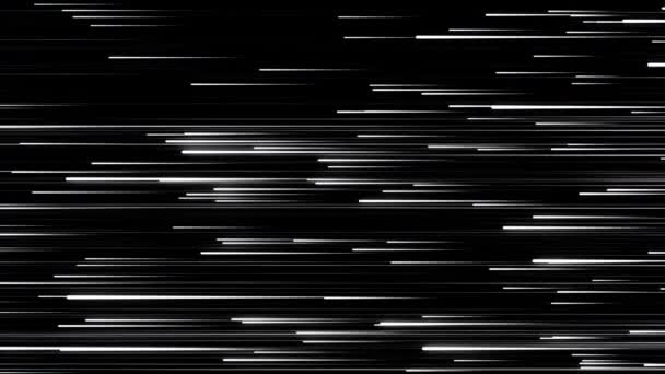 Witte knipperende smalle neonlijnen in snelle beweging van links naar rechts op zwarte achtergrond, naadloze lus. Animatie. Adembenemende vallende sterren tijdens meteorische douche, monochroom. — Stockvideo