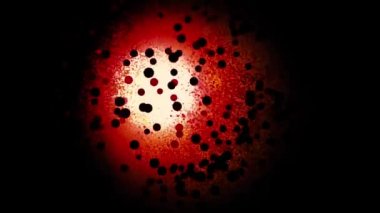 Siyah zemin üzerinde rastgele daireler çizen küçük parlak parçacıklardan oluşan soyut parlayan bir küre. Animasyon. Birçok soyut küçük turuncu parçacık uzayda küre şeklinde.