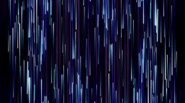 Mor, beyaz ve mavi ışık demetleri aynı anda siyah arkaplanda yukarı aşağı hareket ediyor. Animasyon. Dar çizgiler hareket ediyor ve parlıyor.