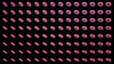 Siyah zemin üzerinde dönen daireler olan soyut bir model. Animasyon. Yatay simetrik satırlarda kırmızı ve pembe renkli parlayan dönen halkalar, kusursuz döngü.