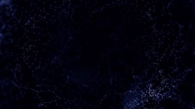 Noktalı, çizgili mavi pleksus dokusu, siyah arkaplanda akan üçgenler, kusursuz döngü. Animasyon. Bilgisayar ağları, teknoloji kavramı, geometrik eğimli doku.