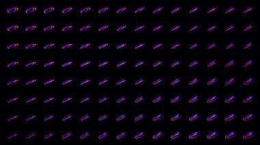Siyah zemin üzerinde dönen daireler olan soyut bir model. Animasyon. Yatay simetrik satırlarda mor renkli parlayan dönen halkalar, pürüzsüz döngü.