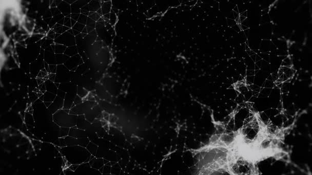 Black and white plexus texture with dots, lines, triangles flowing on black background, seamless loop. Animation. Computer networks, technologies concept, monochrome curved texture. — Stock Video