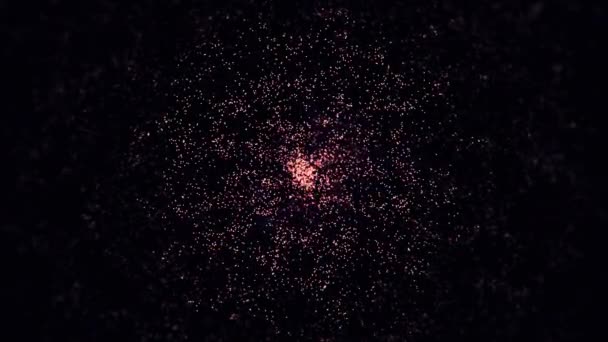 Bokeh patten, red small sparkles floating on black background. Animation. Abstract particles, small dots forming a ring, moving from the center to the sides. — Stock Video