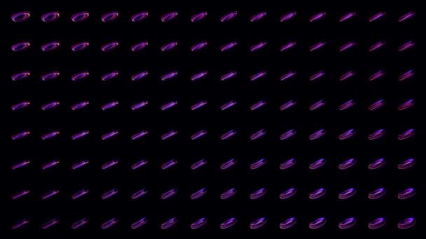 Abstraktes Muster mit rotierenden Kreisen auf schwarzem Hintergrund. Animation. glühende Spinnringe lila Farbe in horizontalen symmetrischen Reihen, nahtlose Schlaufe. — Stockvideo