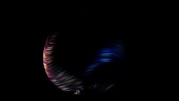 Abstract 3D ball covered with many narrow curved lines rotating isolated on black background, seamless loop. Animation. Beautiful sphere with many bended neon stripes. — Stock Video