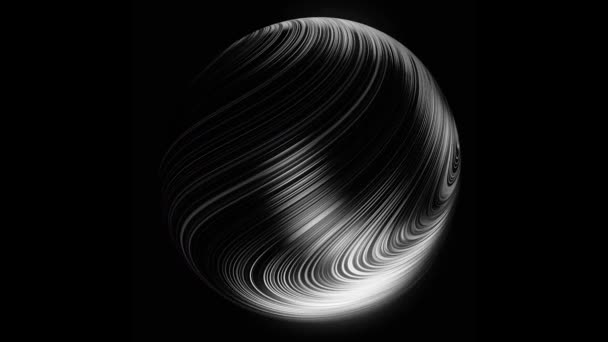 Esfera forrada en blanco y negro brillante abstracta girando sobre fondo negro. Animación. Impresionante bola 3D plateada cubierta con líneas intermitentes curvas, lazo sin costuras . — Vídeo de stock