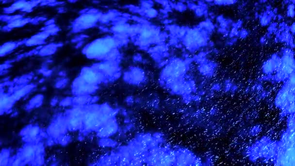 Vue de dessus de la surface de l'eau bleu ondulation avec des taches noires, boucle sans couture. Animation. Substance liquide ondulante abstraite se déplaçant et coulant avec de la peinture noire ou de l'encre dedans . — Video