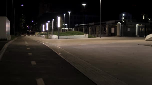 Cesta městským parkem v noci s pouličními lampami. Záběry ze skladu. Pozdní večerní ulička v parku s pouličními světly a zeleným trávníkem, romantická atmosféra. — Stock video